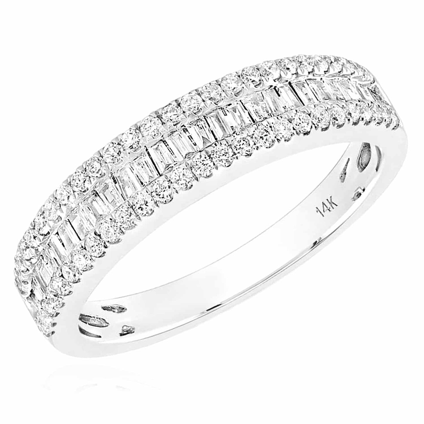 0.46CTW Real Diamond 14K White Gold Round Baguette Three-Row Ring Band