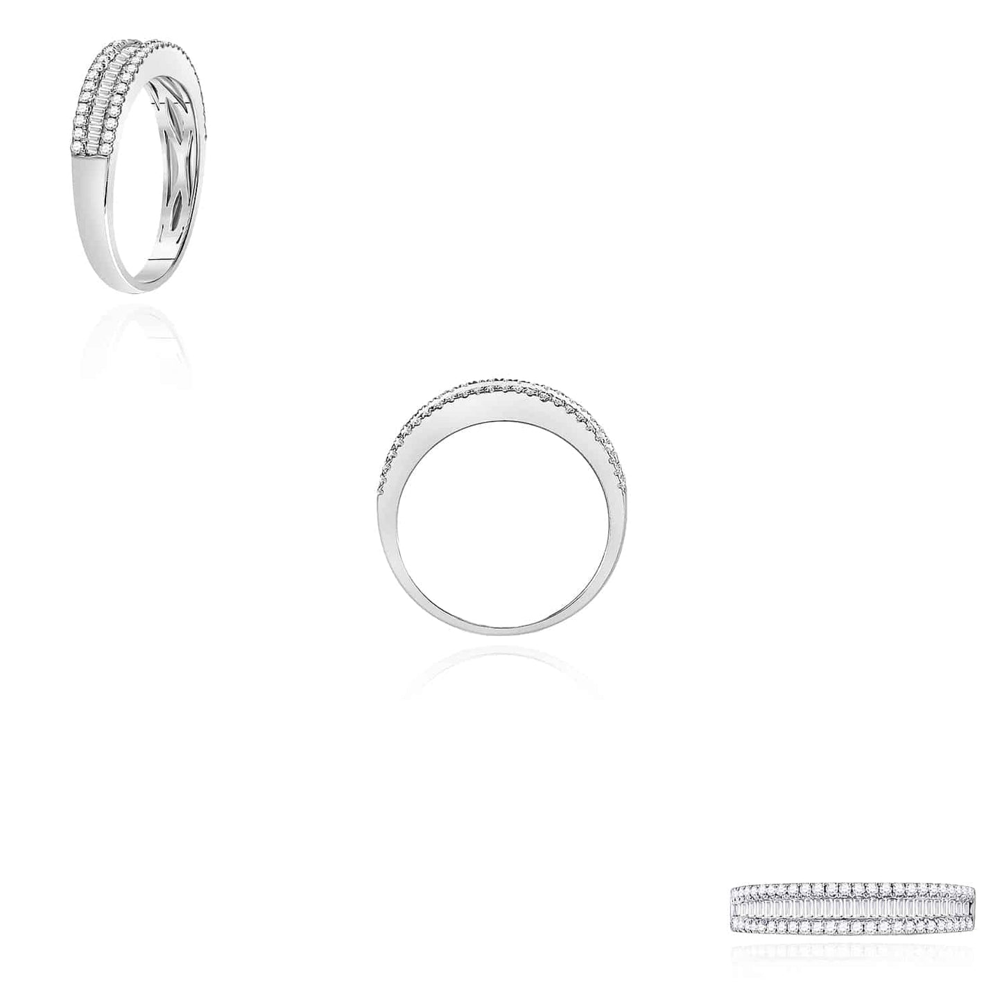 0.46CTW Real Diamond 14K White Gold Round Baguette Three-Row Ring Band