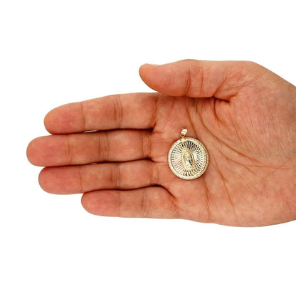 14k Gold CZ Cut Virgin Guadalupe Medallion Pendant 1.26"