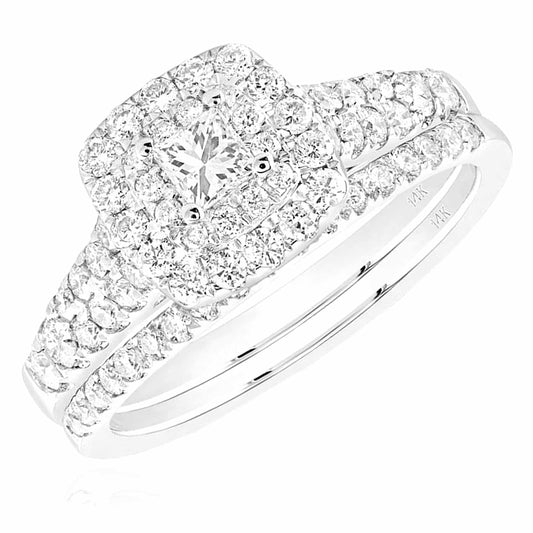 1CTW Real Diamond 14K Real Gold White Princess-Cut Double Halo Engagement Ring