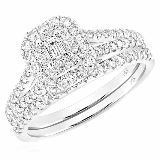 1CTW Real Diamond 14K Real Gold White Emerald-Cut Double Halo Engagement Ring