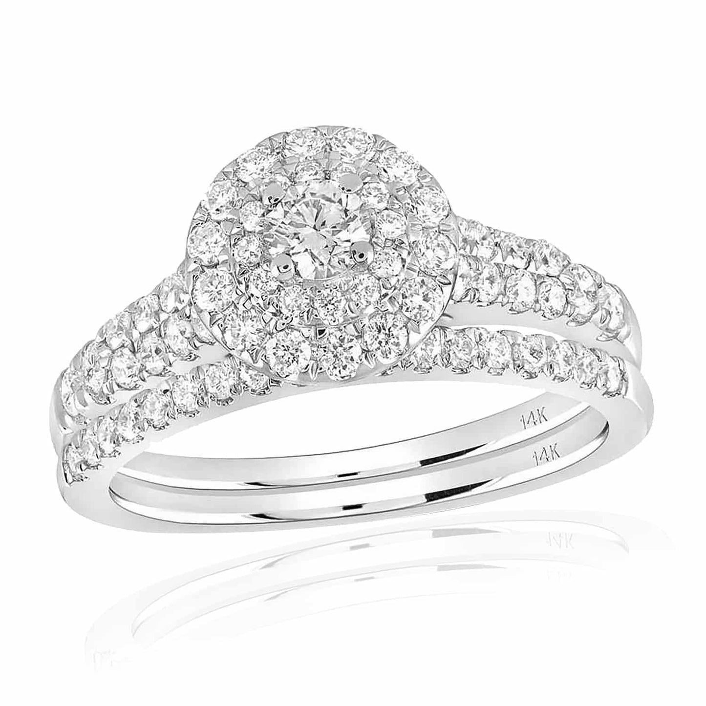 1CTW Real Diamond 14K Real Gold White Double Halo Bridal Wedding Ring Set