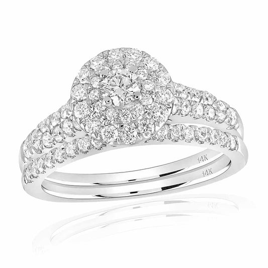 1CTW Real Diamond 14K Real Gold White Double Halo Bridal Wedding Ring Set
