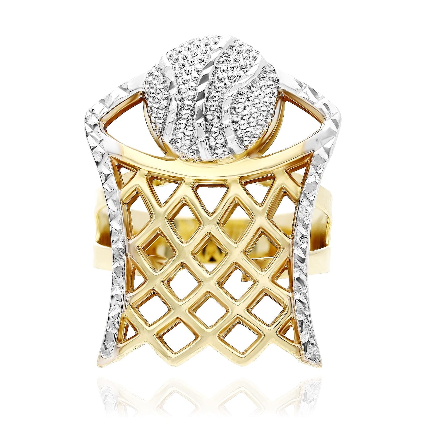 10K Gold Two-Tone Yellow White Diamond Cut Basketball Hoop Signet Ring