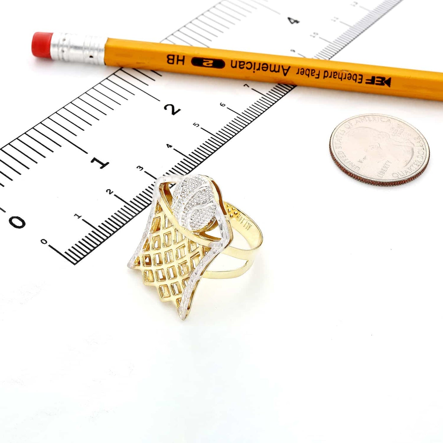 10K Gold Two-Tone Yellow White Diamond Cut Basketball Hoop Signet Ring