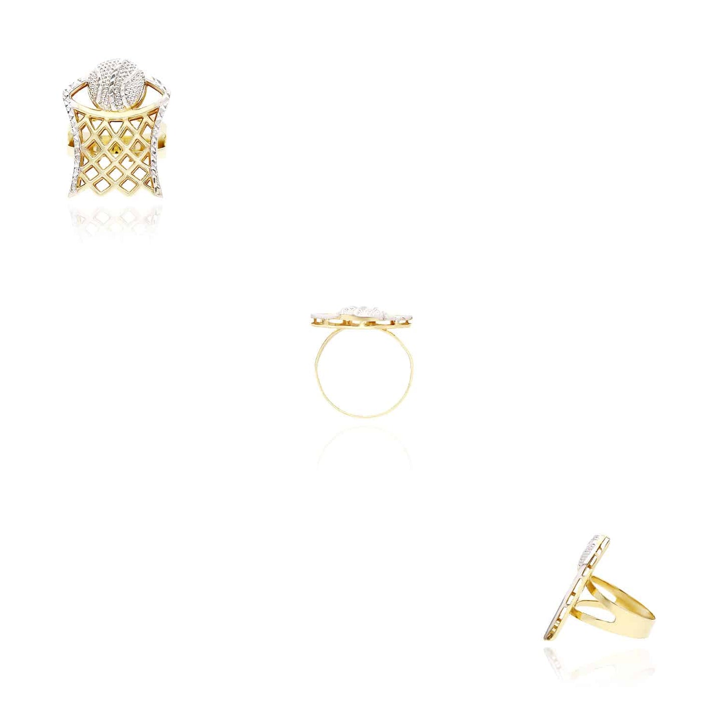 10K Gold Two-Tone Yellow White Diamond Cut Basketball Hoop Signet Ring