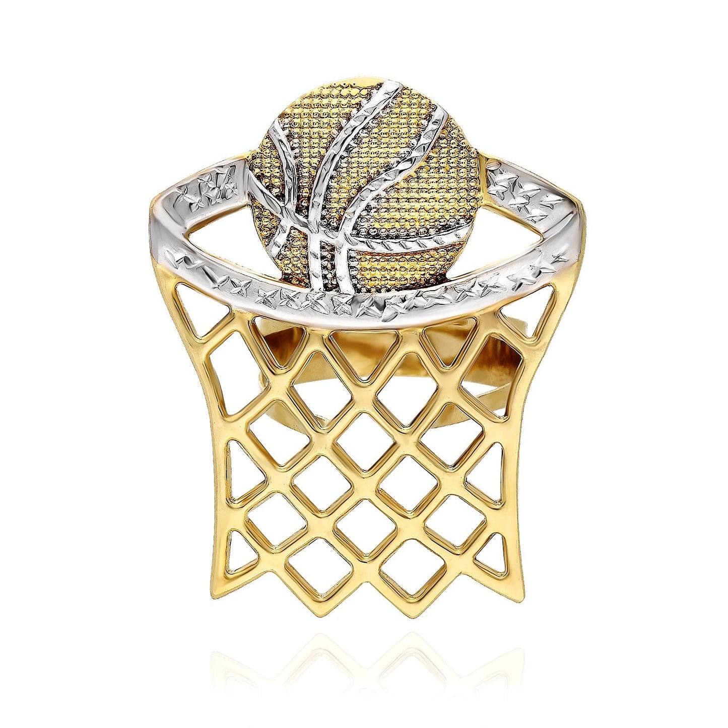 10K Gold Two-Tone Yellow White Diamond Cut Basketball Hoop Signet Ring