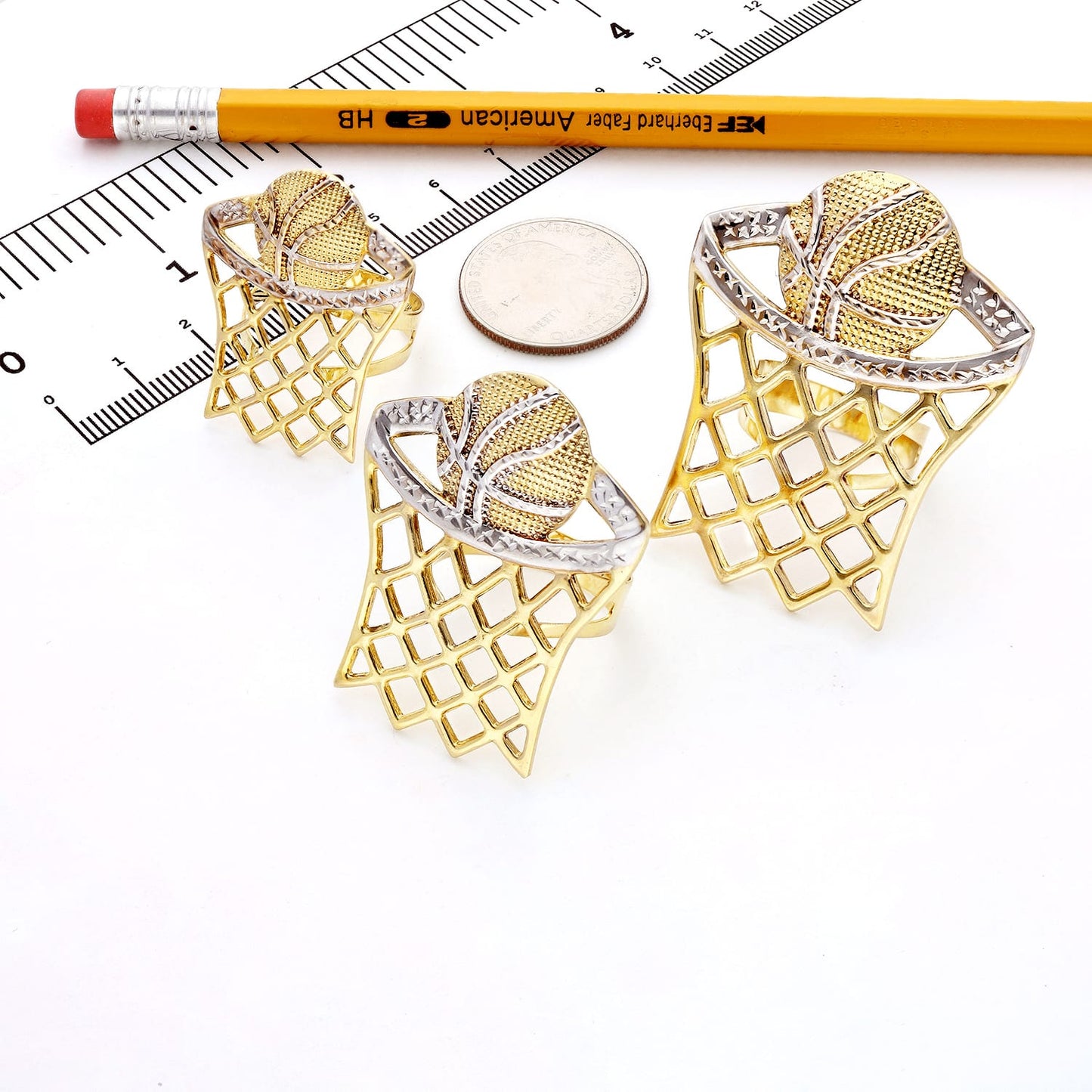 10K Gold Two-Tone Yellow White Diamond Cut Basketball Hoop Signet Ring