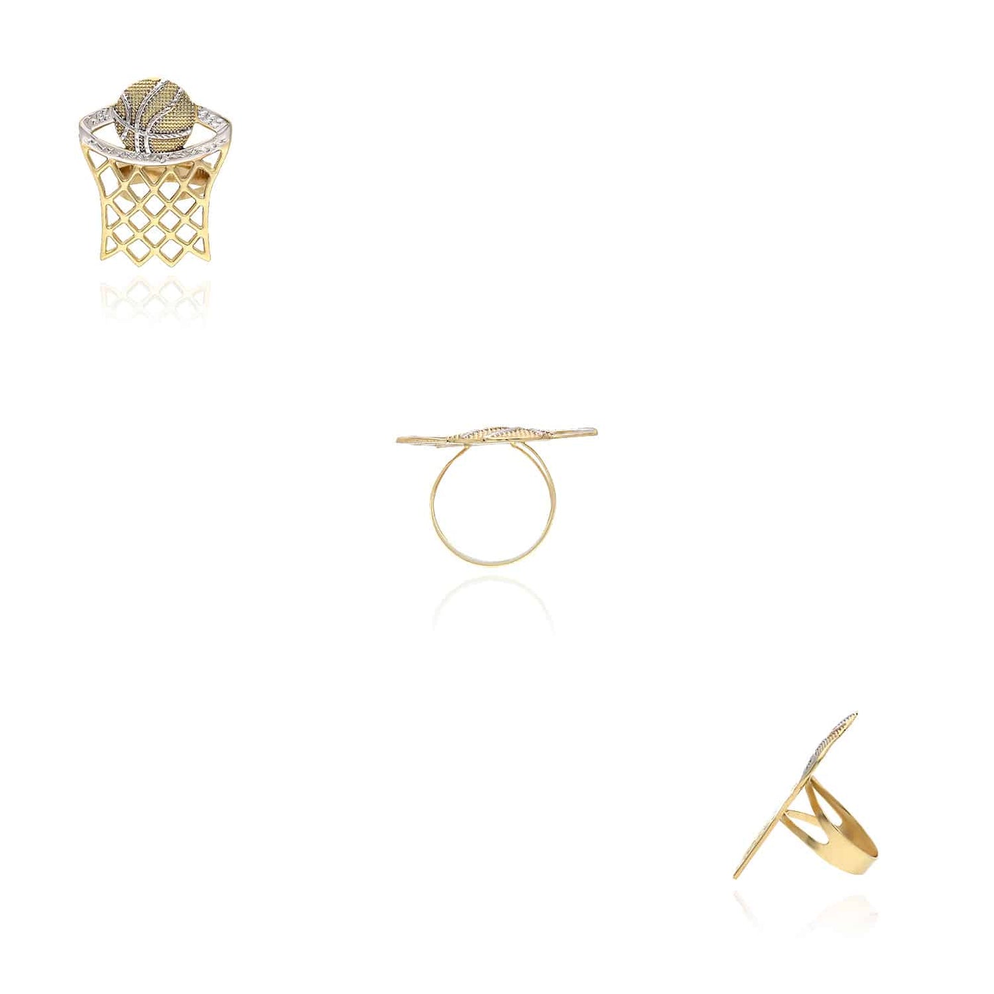 10K Gold Two-Tone Yellow White Diamond Cut Basketball Hoop Signet Ring