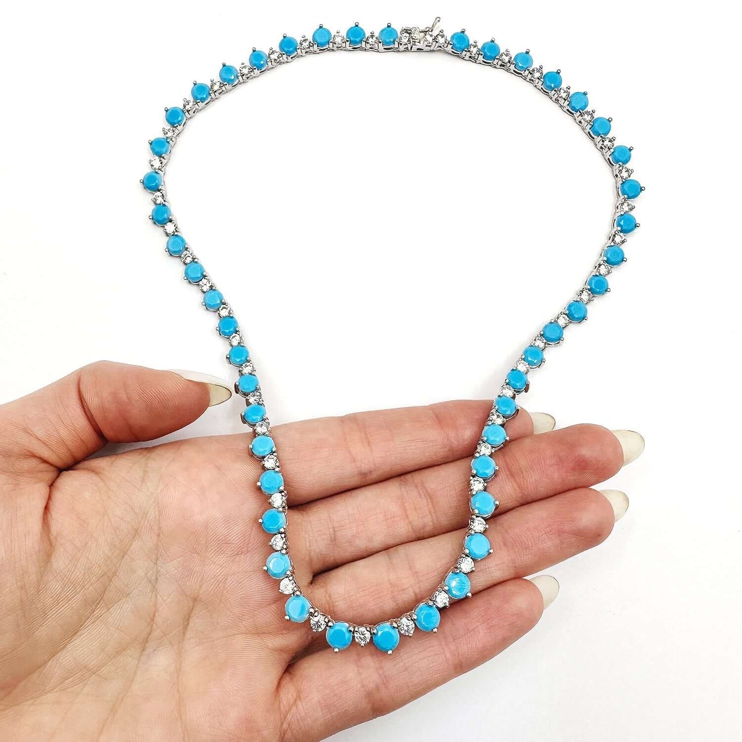 Sterling Silver CZ Turquoise Gradual Wider Tennis Necklace16"-18"