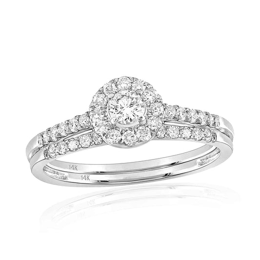 0.52CTW Real Diamond 10K Gold White Round Halo Bridal Engagement Ring Set