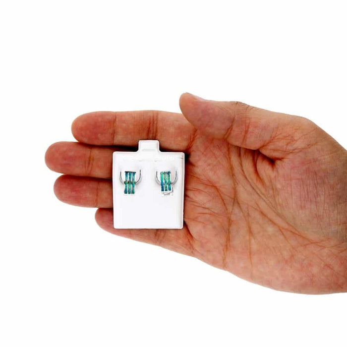 925 Sterling Silver 3-Stripe Fire Opal Huggie Hoop Earrings 0.5"