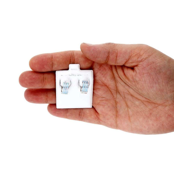 925 Sterling Silver 3-Stripe Fire Opal Huggie Hoop Earrings 0.5"