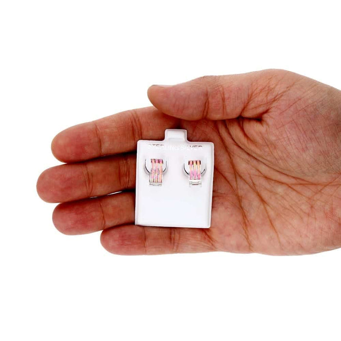 925 Sterling Silver 3-Stripe Fire Opal Huggie Hoop Earrings 0.5"