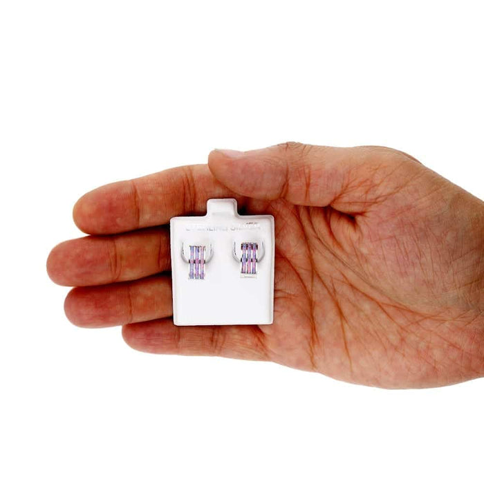 925 Sterling Silver 3-Stripe Fire Opal Huggie Hoop Earrings 0.5"