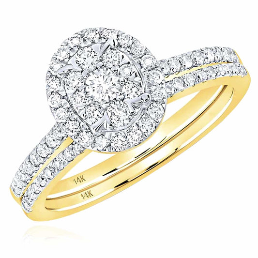 0.62CTW Real Diamond 14K Real Gold Yellow Slender Oval Bridal Wedding Ring Set