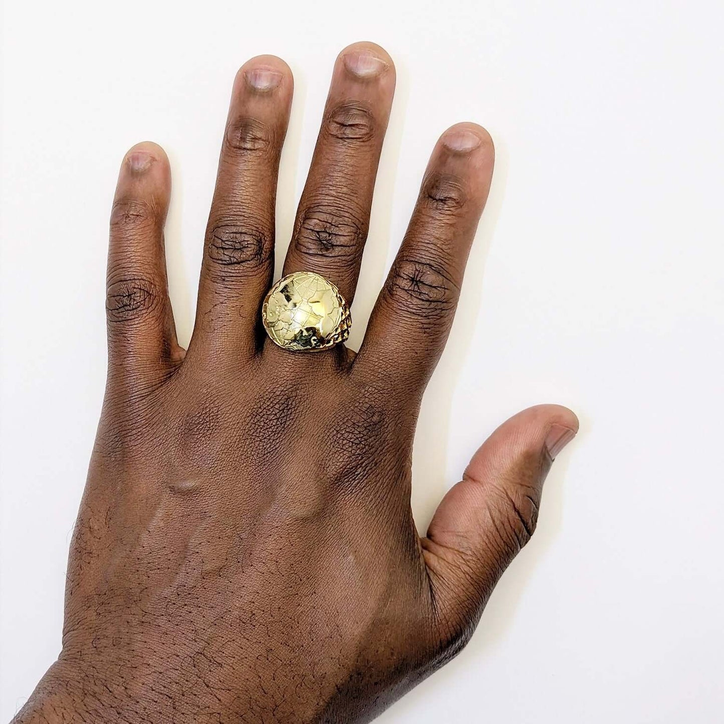 10K Yellow Gold Round 3D Globe Map Signet Ring