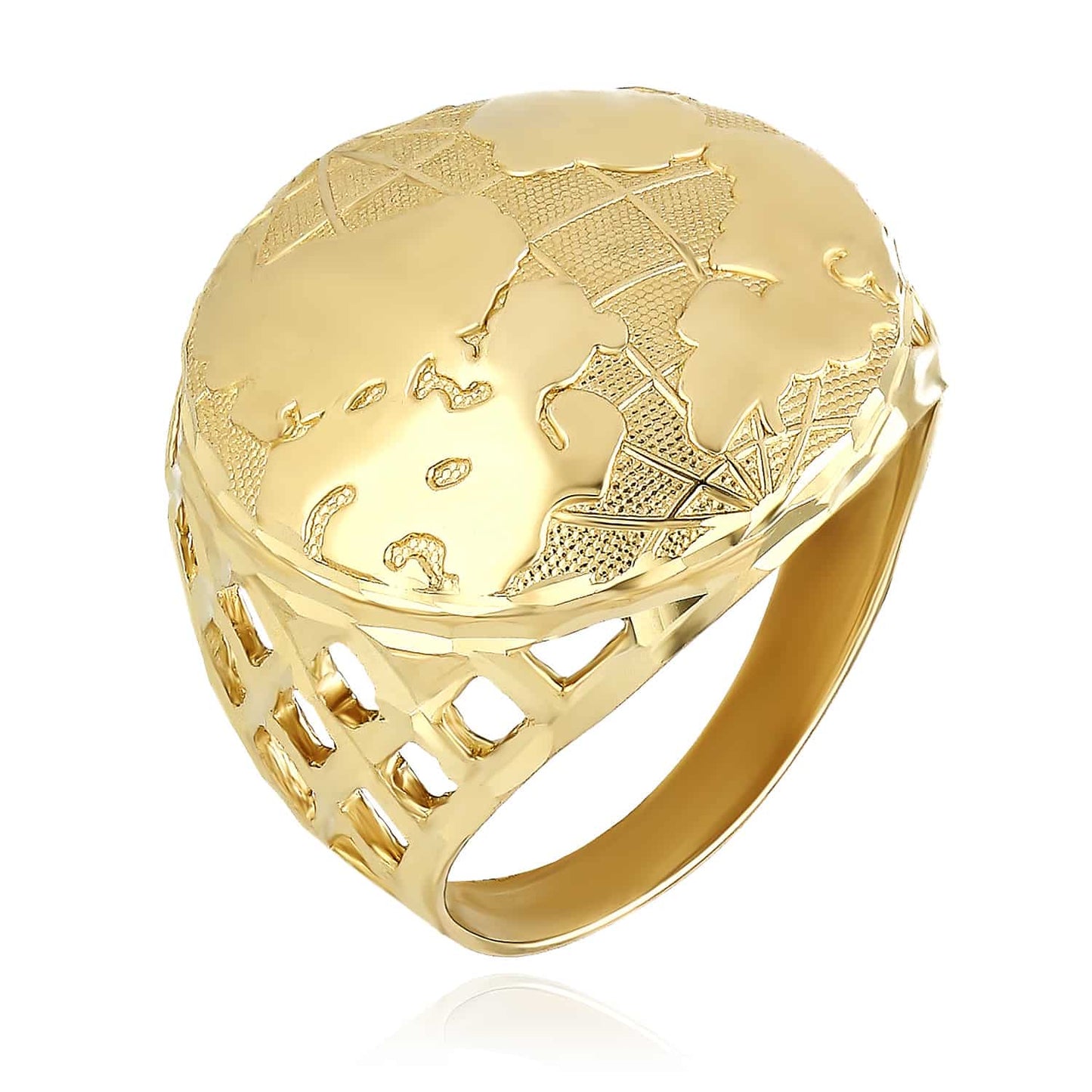 10K Yellow Gold Round 3D Globe Map Signet Ring