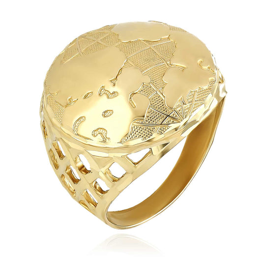 10K Yellow Gold Round 3D Globe Map Signet Ring