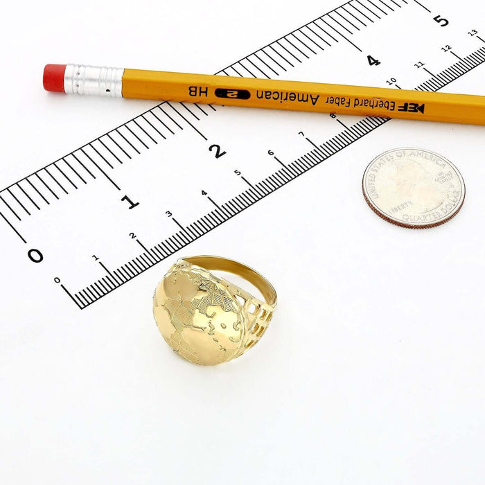 10K Yellow Gold Round 3D Globe Map Signet Ring - WJD Exclusives