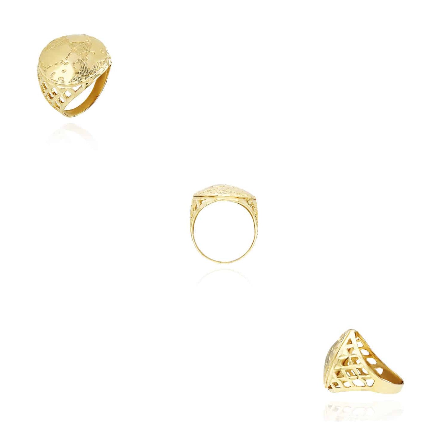 10K Yellow Gold Round 3D Globe Map Signet Ring
