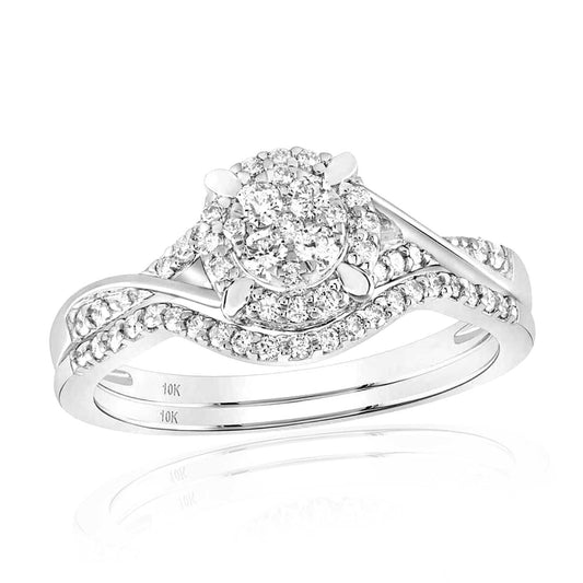 0.42CTW Real Diamond 10K Gold White Round Cluster Engagement Wedding Ring Set