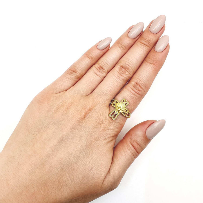 10K Yellow Gold Ornamental Jesus Crucifix Cross Ring - WJD Exclusives