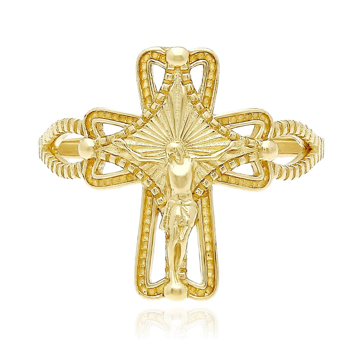 10K Yellow Gold Ornamental Jesus Crucifix Cross Ring - WJD Exclusives