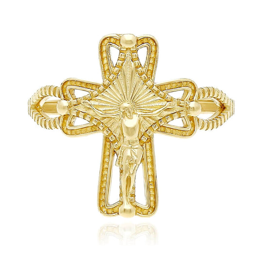 10K Yellow Gold Ornamental Jesus Crucifix Cross Ring