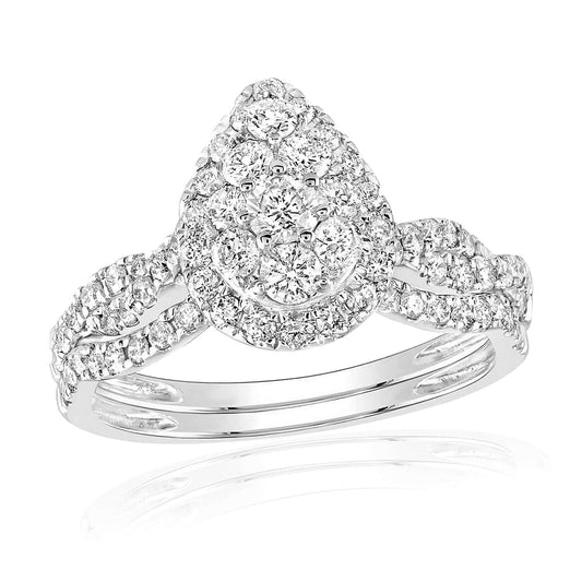 1.01CTW Real Diamond 10K Gold White Pear Teardrop Bridal Wedding Ring Set