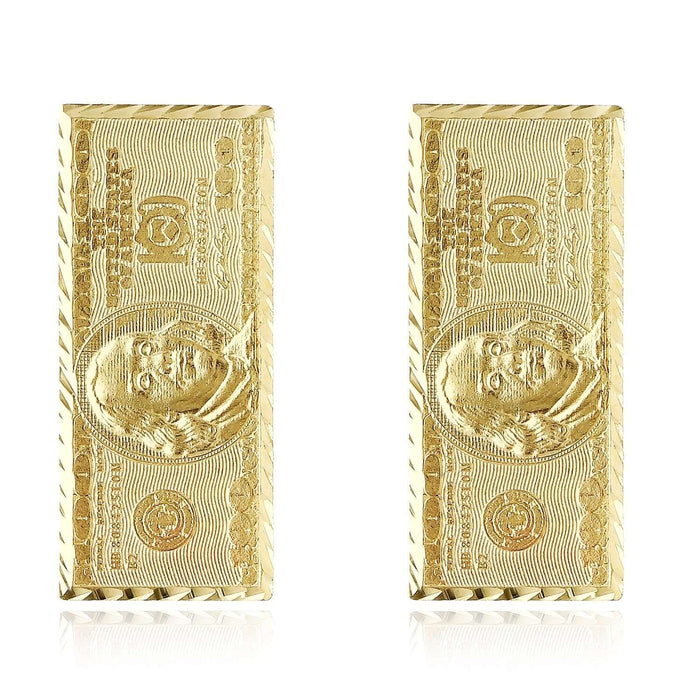 10K Yellow Gold 100 Dollar Bill Stud Earrings 30mm - WJD Exclusives