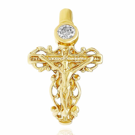 10K Gold Yellow CZ Band Cross Jesus Crucifix Ring