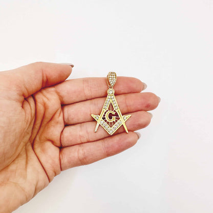 10K Yellow Gold CZ Master Mason Freemason Pendant 1.8"