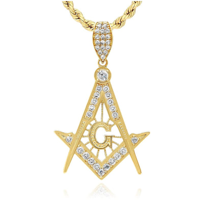 10K Yellow Gold CZ Master Mason Freemason Pendant 1.8" - WJD Exclusives