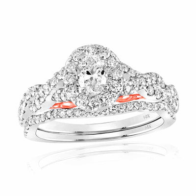 1CTW Natural Diamond 14K Gold Two - Tone White Rose Oval Halo Bridal Wedding Set - WJD Exclusives