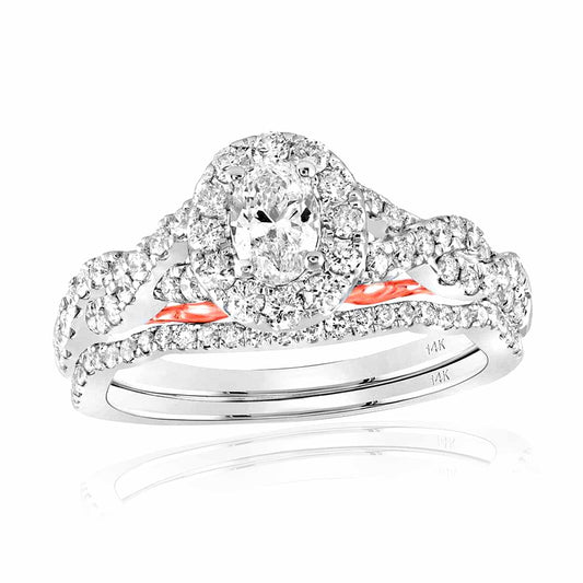 1CTW Real Diamond 14K Real Gold Two-Tone White Rose Oval Halo Bridal Wedding Set