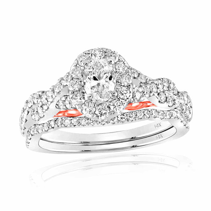 1CTW Natural Diamond 14K Gold Two - Tone White Rose Oval Halo Bridal Wedding Set - WJD Exclusives