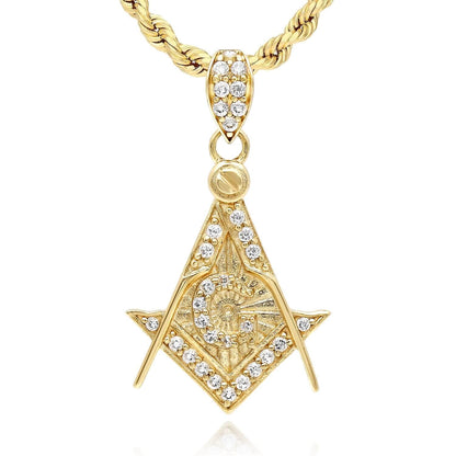 10K Yellow Gold CZ Freemason Square Compass Masonic Pendant 1.1"