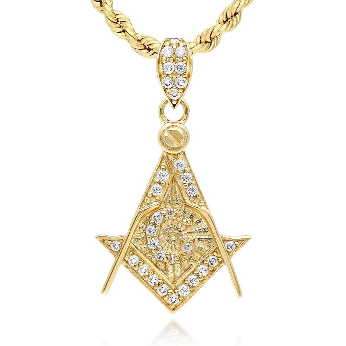 10K Yellow Gold CZ Freemason Square Compass Masonic Pendant 1.1" - WJD Exclusives