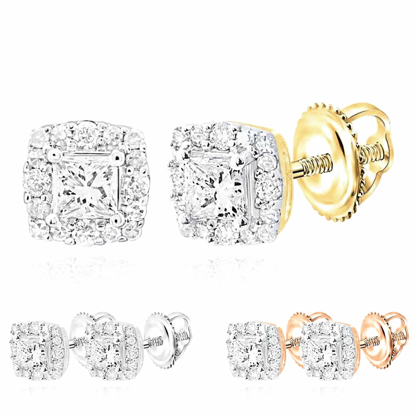 0.50CTW Real Diamond 14K Real Gold Yellow White Rose Square Halo Stud Earrings 6mm