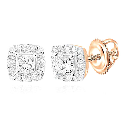 0.50CTW Real Diamond 14K Real Gold Yellow White Rose Square Halo Stud Earrings 6mm