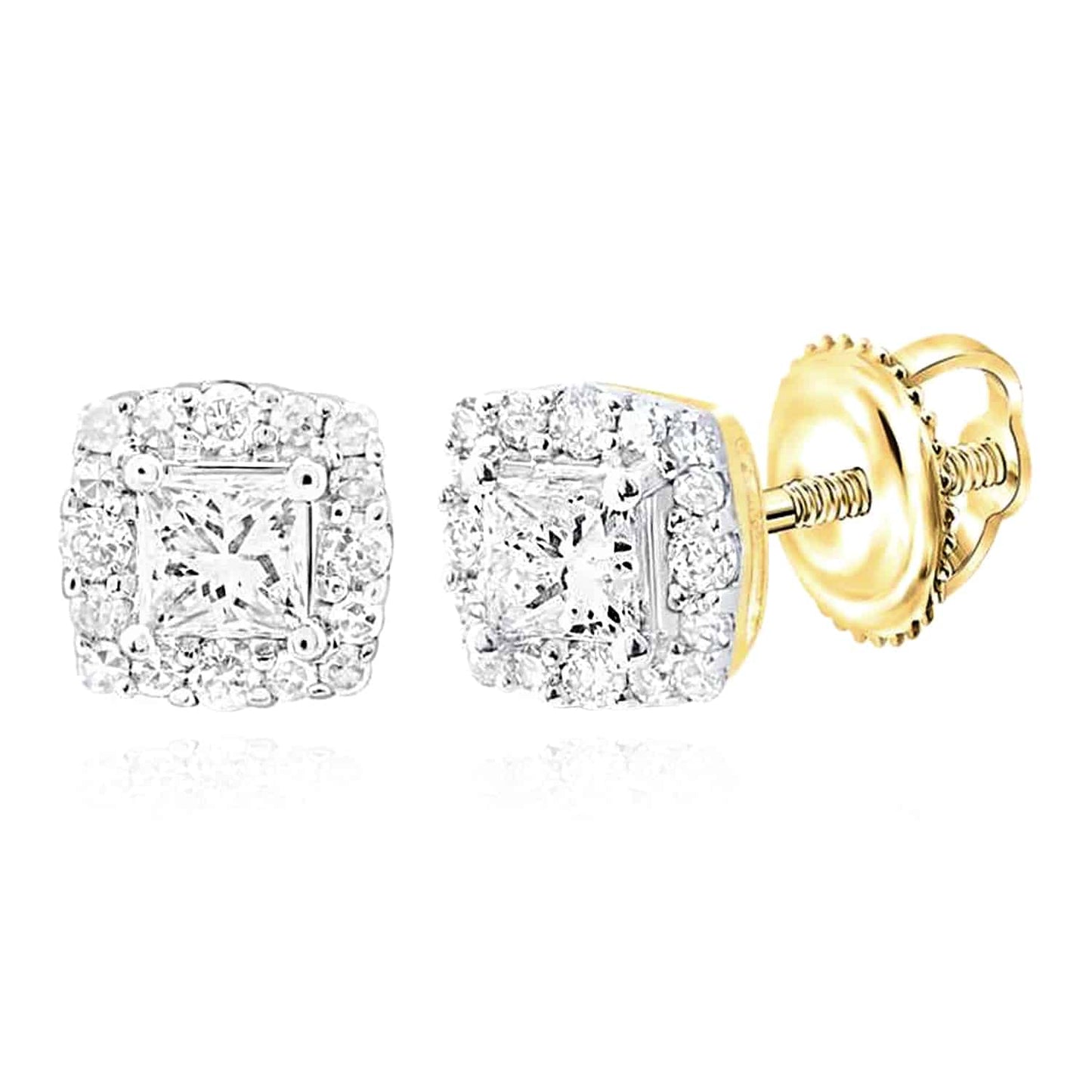 0.50CTW Real Diamond 14K Real Gold Yellow White Rose Square Halo Stud Earrings 6mm