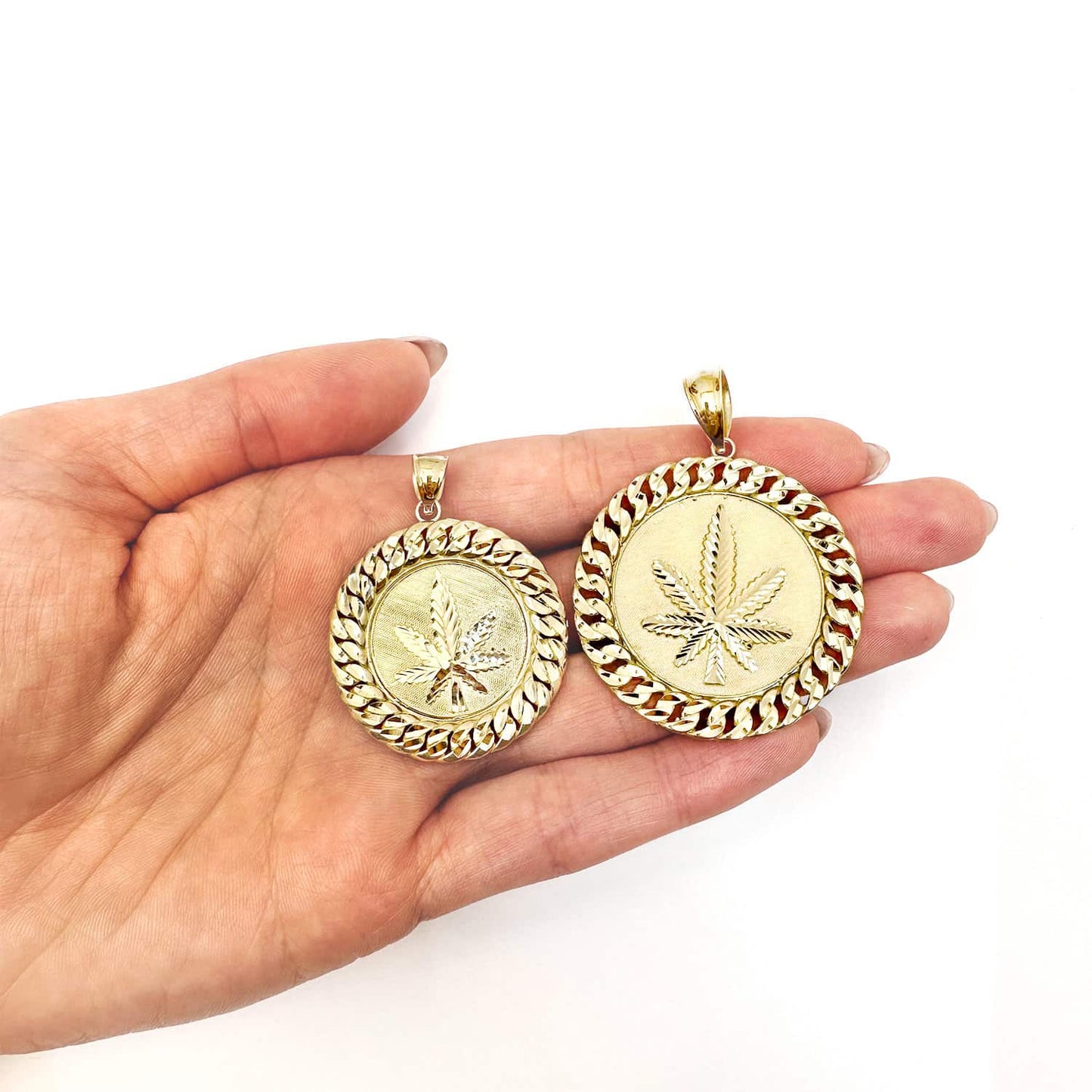 10K Real Gold Marijuana Hemp Leaf Miami Cuban Border Round Pendant 1.7"-2.1"