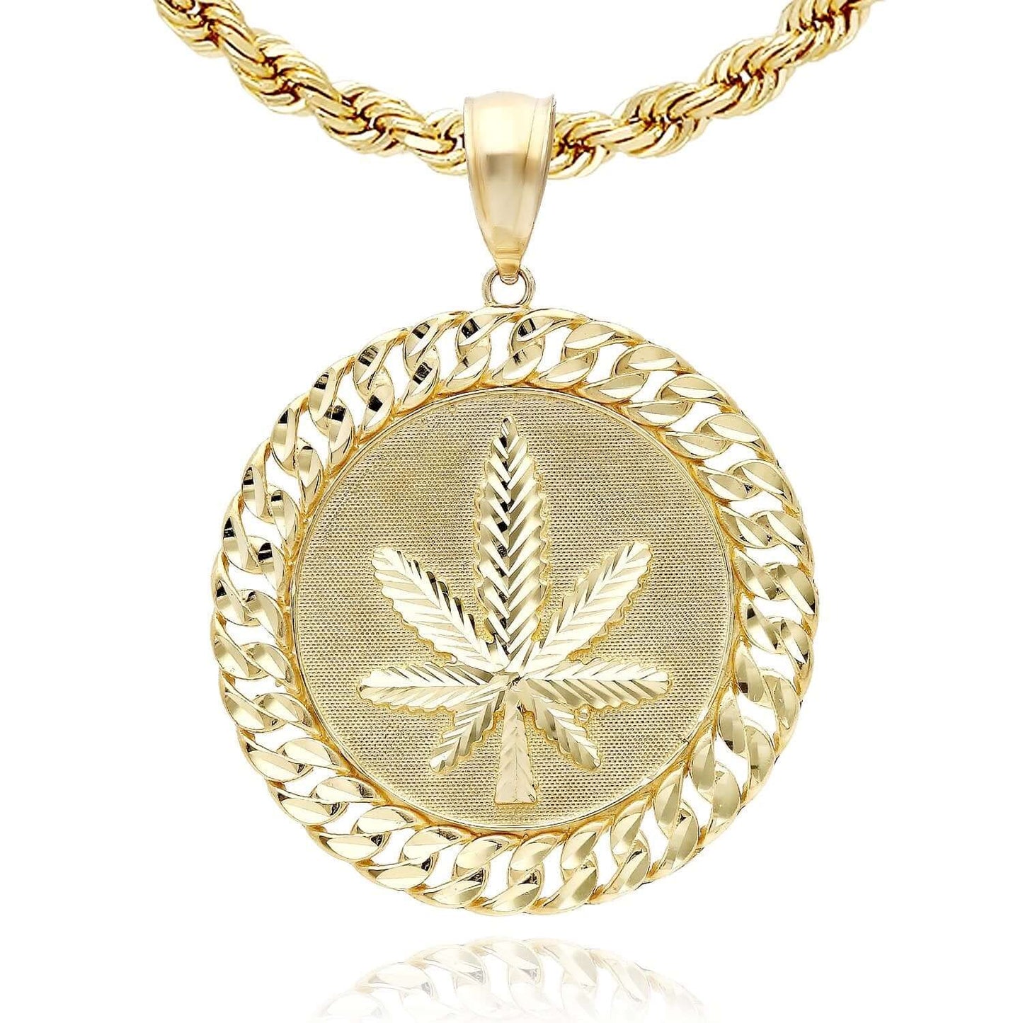 10K Real Gold Marijuana Hemp Leaf Miami Cuban Border Round Pendant 1.7"-2.1"