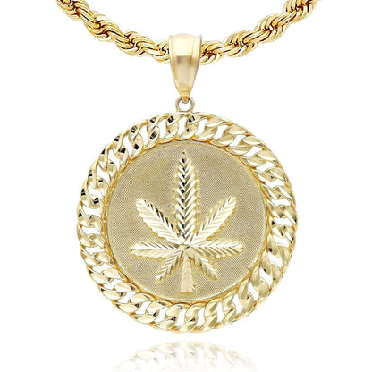 10K Real Gold Marijuana Hemp Leaf Miami Cuban Border Round Pendant 1.7"-2.1"