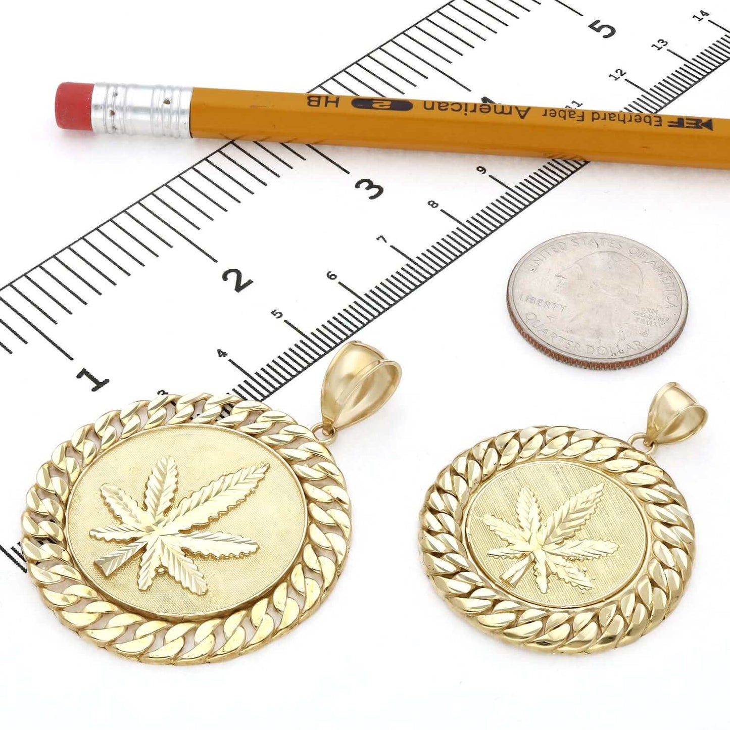 10K Real Gold Marijuana Hemp Leaf Miami Cuban Border Round Pendant 1.7"-2.1"