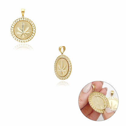 10K Real Gold Marijuana Hemp Leaf Miami Cuban Border Round Pendant 1.7"-2.1"