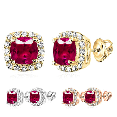1.76CTW Natural Diamond 14K Yellow Gold White Rose Ruby Square Halo Earrings 7mm - WJD Exclusives