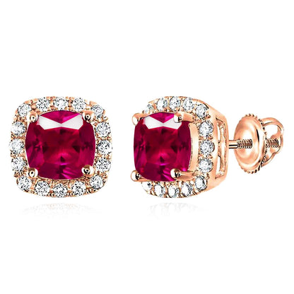 1.76CTW Real Diamond 14K Real Gold Yellow White Rose Ruby Square Halo Earrings 7mm