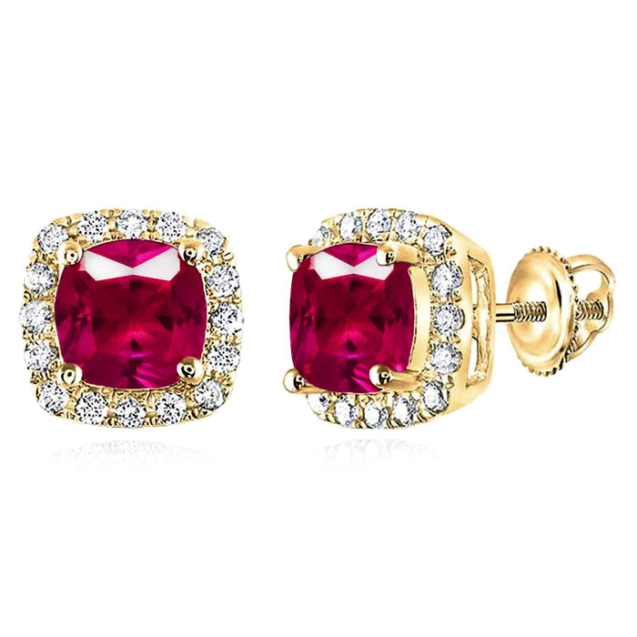 1.76CTW Natural Diamond 14K Yellow Gold White Rose Ruby Square Halo Earrings 7mm - WJD Exclusives
